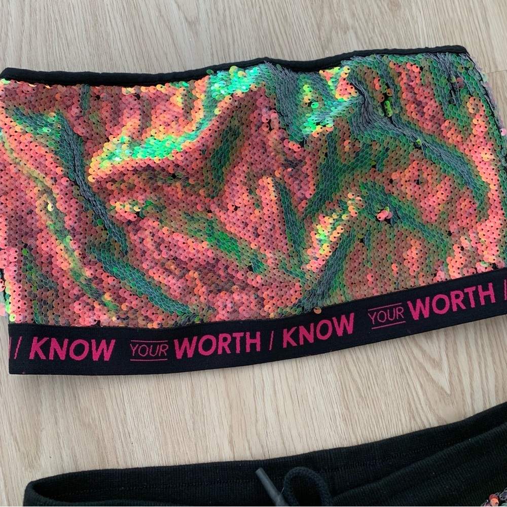 Iridescent sequin strapless crop top jogger set outfit nwot - Picture 2 of 3